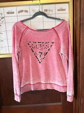 Guess Pink Marled Leopard Logo Pullover